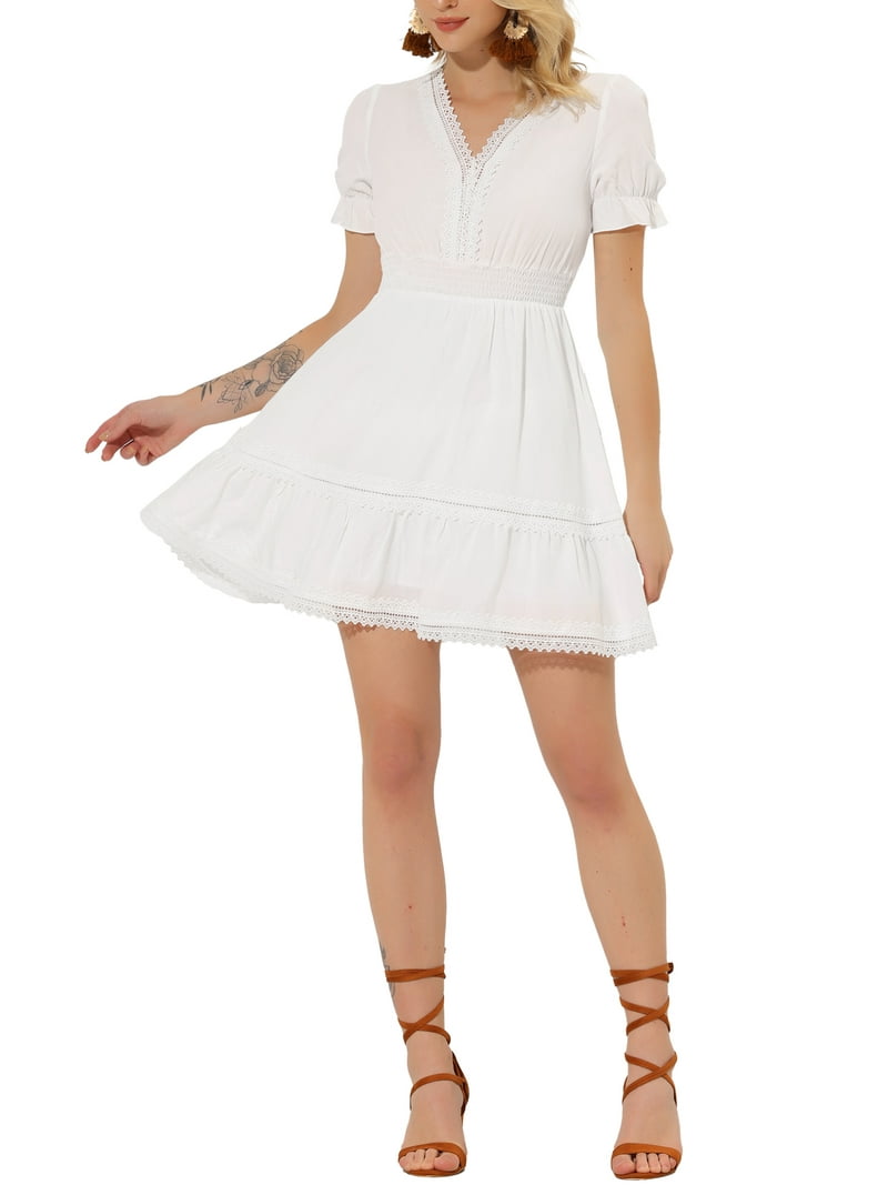 NOMADIC NOOK Women's 2 Packs Solid V Neck Smocked Elastic Waist Short  Sleeve Mini Dress