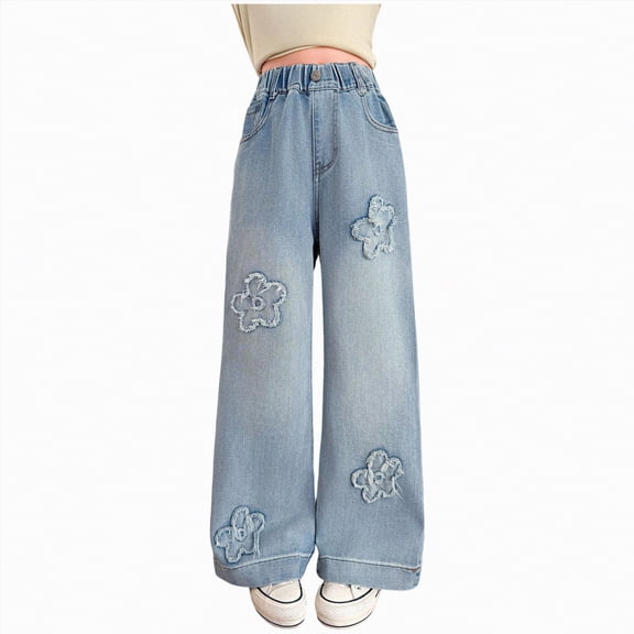 JUMEYU Jeans for Girls High Waisted Girls Baggy Jeans Streetwear Denim Cargo Pants Kids Distressed Elastic High Waist Wide Leg Clothes Multiple Pockets Size 11-12 (Blue,11-12 Years)