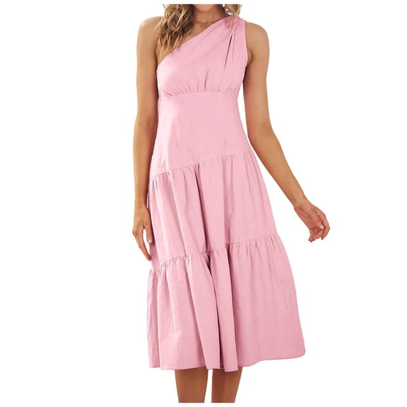 Dyegold Sundresses for Women Casual Beach - Dresses for Women 2023 Casual One Shoulder Sleeveless Ruffle Tiered Solid Maxi Sundress ​Casual Flowy Long ​Gown ​Dress
