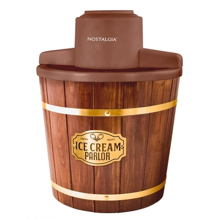 Nostalgia 4-Quart Ice Cream Machine, Vintage Electric Ice Cream Maker with Clear Lid, Dark Wood