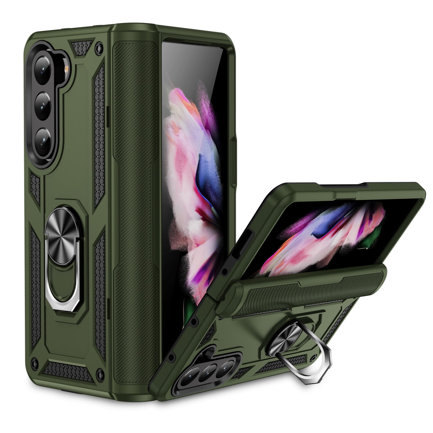 TECH CIRCLE for Samsung Galaxy Z Fold 5 Case, Heavy Duty Shockproof Full Body Protective Phone Cover Built in Rotatable Magnetic Ring Holder Kickstand For Galaxy Z Fold 5 7.6 inch 2023,Armygreen