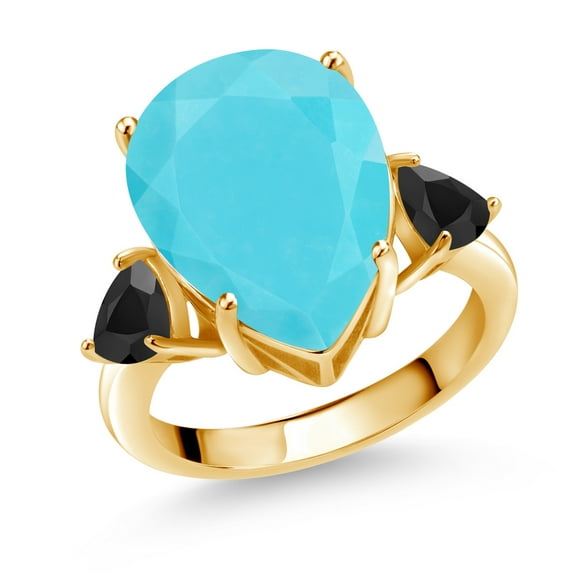 Gem Stone King 6.72 Ct Pear Shape Green Turquoise Black Onyx 18K Yellow Gold Plated Silver Ring (Size 8)