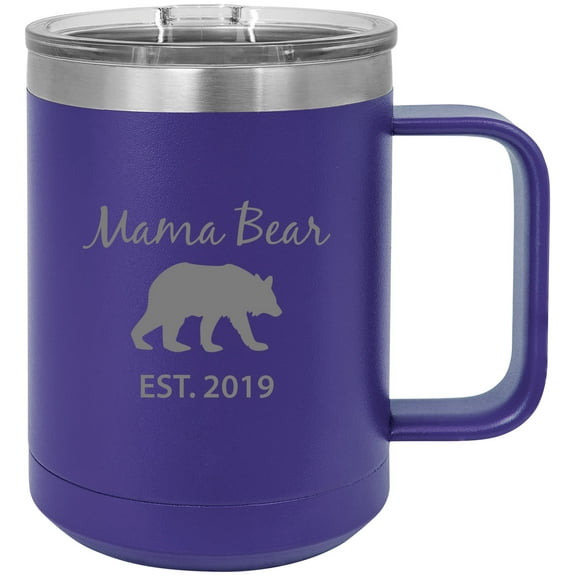 Mama Bear Est. 2019 Stainless Steel Vacuum Insulated 15 Oz Engraved Travel Coffee Mug with Slider Lid, Purple