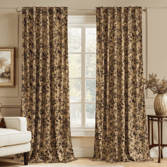 NICETOWN Floral Velvet Curtains for Bedroom, Thermal Insulated Blackout Printed Vintage Velvet Drapes with Back Tab for Living Room, Gold Brown, 50"x84", 2 Panels