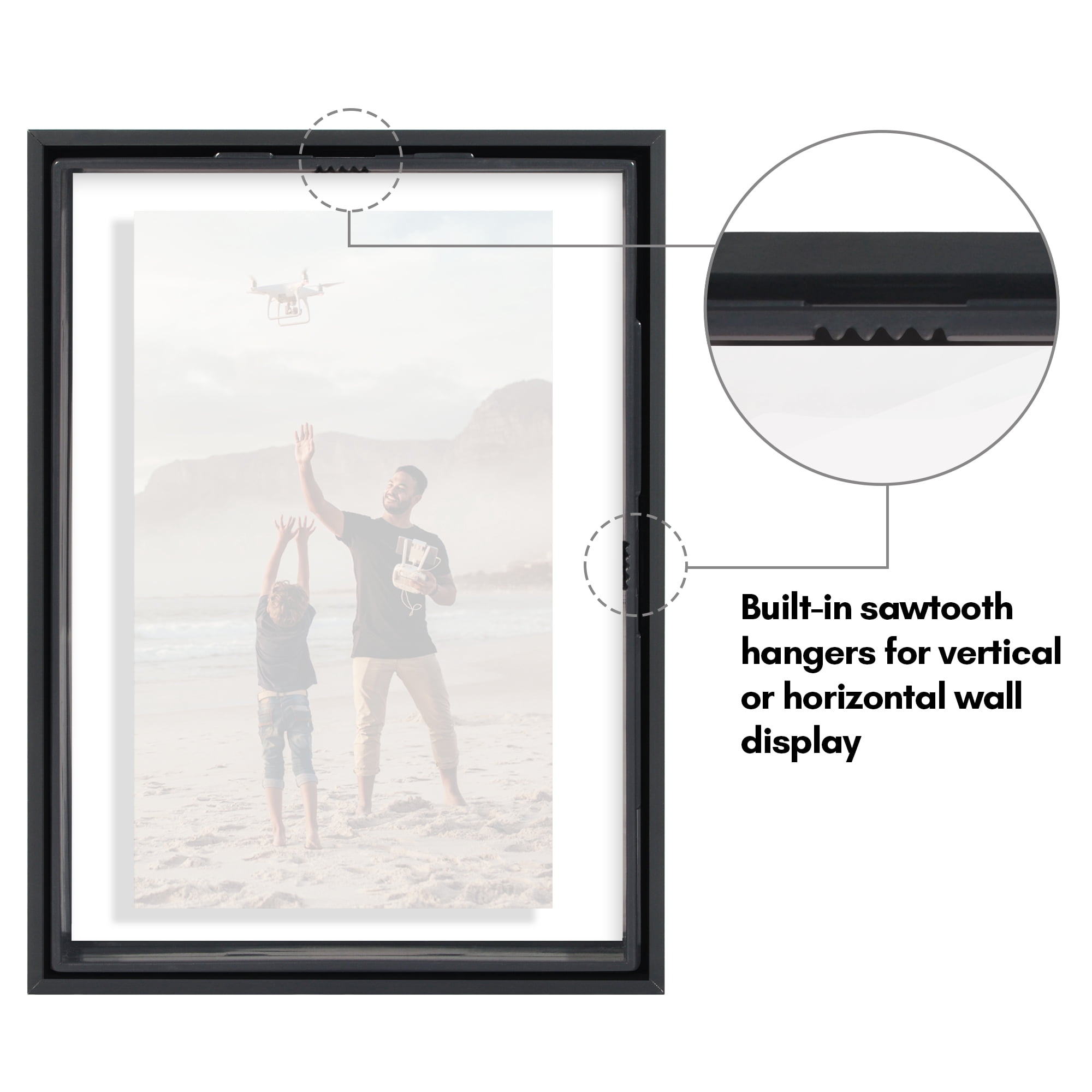 Americanflat 5x7 Picture Frame with Shatter-Resistant Glass Aluminum Floating Display Photo Signature - Black