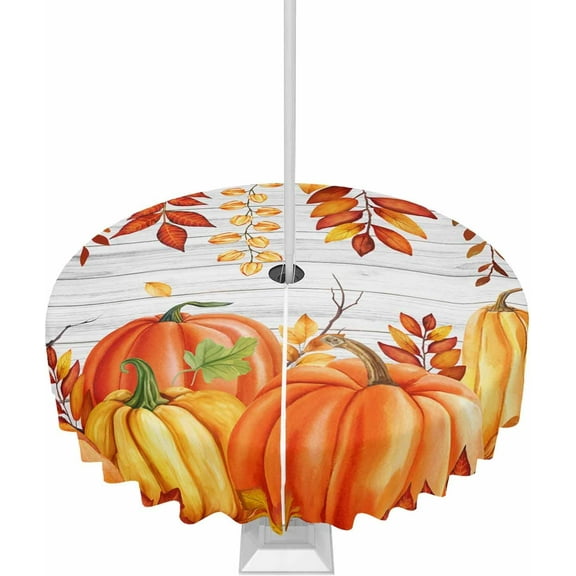 Burnt Orange Fall Outdoor Tablecloth with Umbrella Hole & Zipper, Maple Leaf Pumpkins Thanksgiving Round Tablecloth 60 Inch, Patio Table Cover Waterproof Table Cloth for Picnic/Party