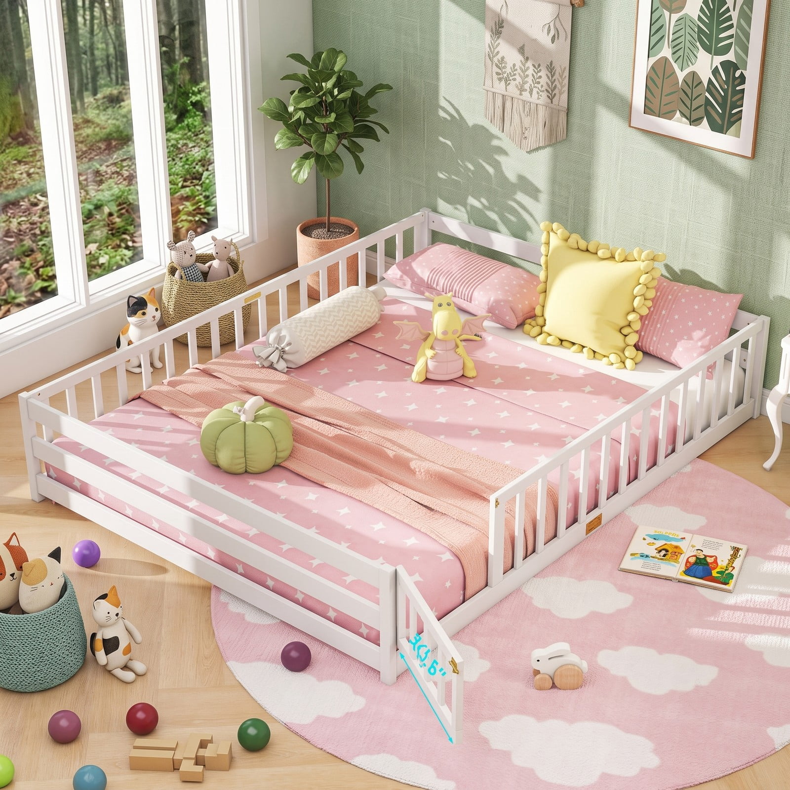 Furnibear Queen Size Bed Frame Montessori Floor Bed for Kids, House Bed with Full Length Guardrails and Lockable Gate, Wood Queen Bed Frame, White