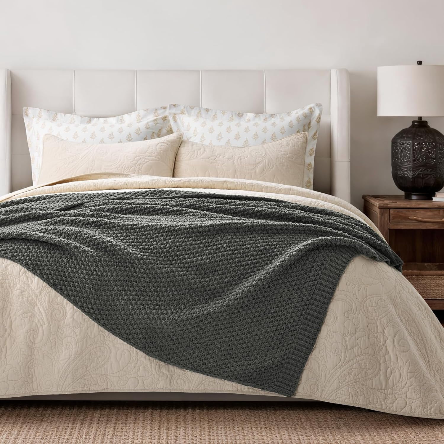 EVERGRACE Chunky Chenille Knit Throw Blanket for Couch, Soft Luxurious Moss Stitch Blankets for Bed, Cozy Decorative Farmhouse Knitted Throws for Sofa, Charcoal Gray, 60" x 80"