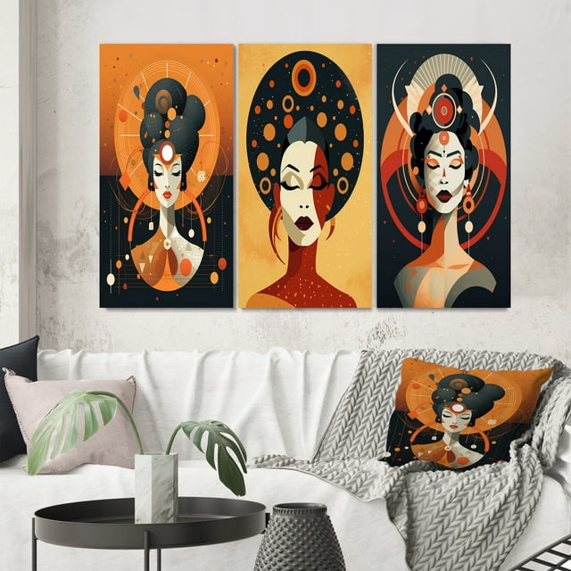 Designart "Urban Woman Contemporary Portrait I" Abstract Portraits Wall Art Set Of 3 - Transitional Red Gallery Wall Set For Home Decor