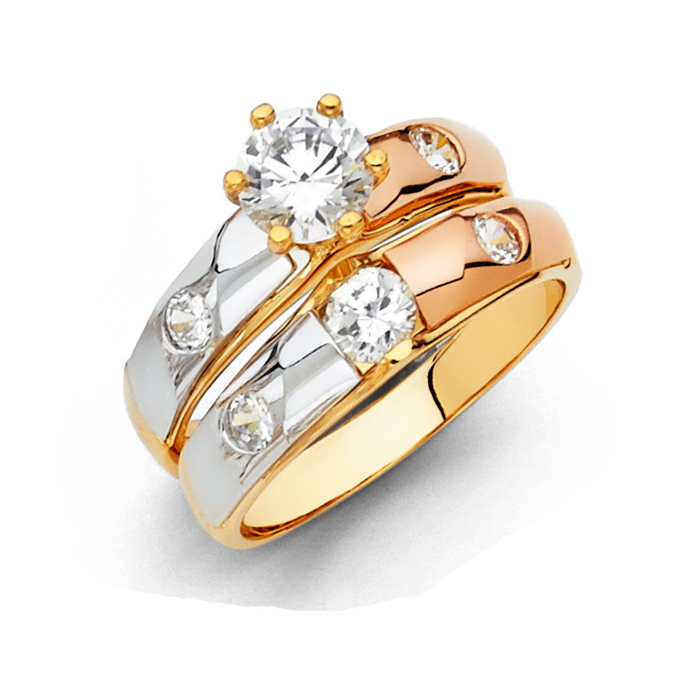 14k Tri Color Gold Engagement Ring and Wedding Band 2 Piece Set