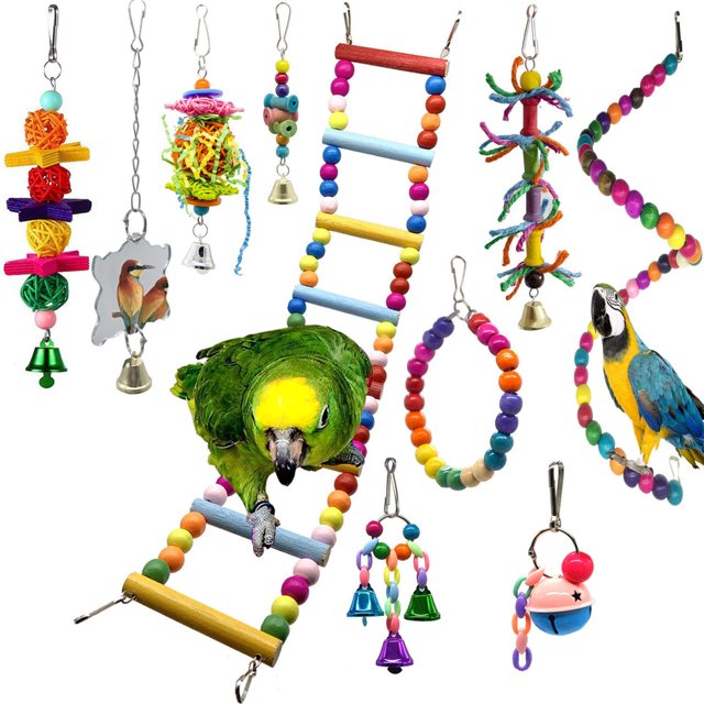 Paquete de 10 juguetes para masticar columpio para pájaros, hamaca para loro, juguetes para campanas, jaula para loros, percha para pájaros con cuentas de madera para colgar para cacatúas, cacatúas, cotorras, pinzones, periquitos, loros, tortolitos Ormromra HMHZ929