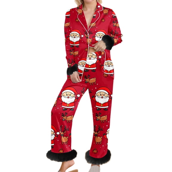 Womens Christmas Pajama Sets Fur Trim Long Sleeve Christmas Theme Printed Shirts Pants Cozy Sleepwear Set Pjs Sets for Women Red L