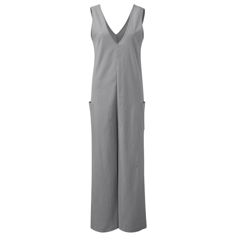 JNGSA Womens Sleeveless Tank Jumpsuits Wide Leg Pants Rompers Scoop Neck  Summer Cami Jumper Casual Overall with Pockets Gray 