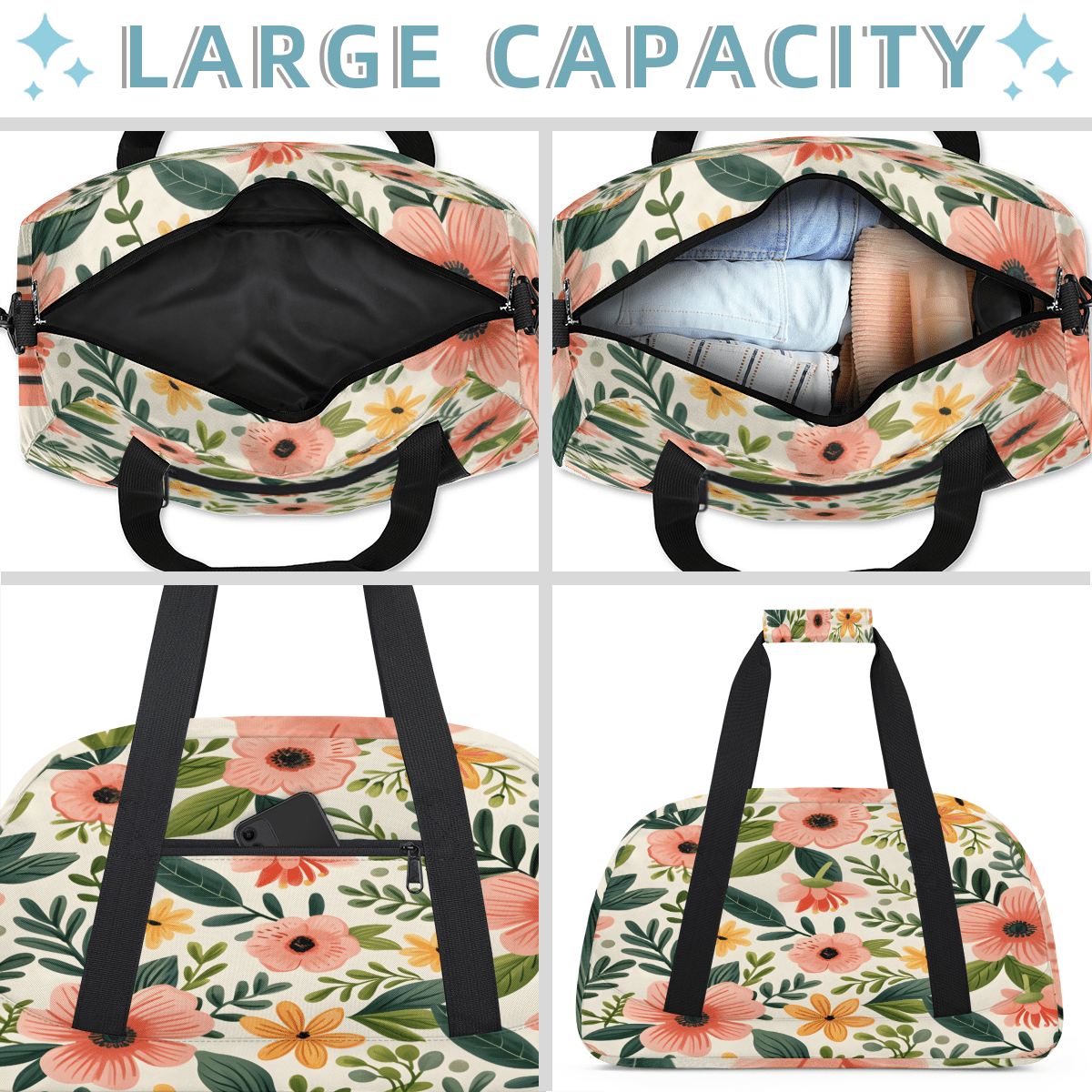 Herdesigns Floral Colorful Sports Duffle Bag for Women & Men, Wildflower Pink Gym Bag Dance Bag Overnight Bag Carry On Weekender Travel Bag