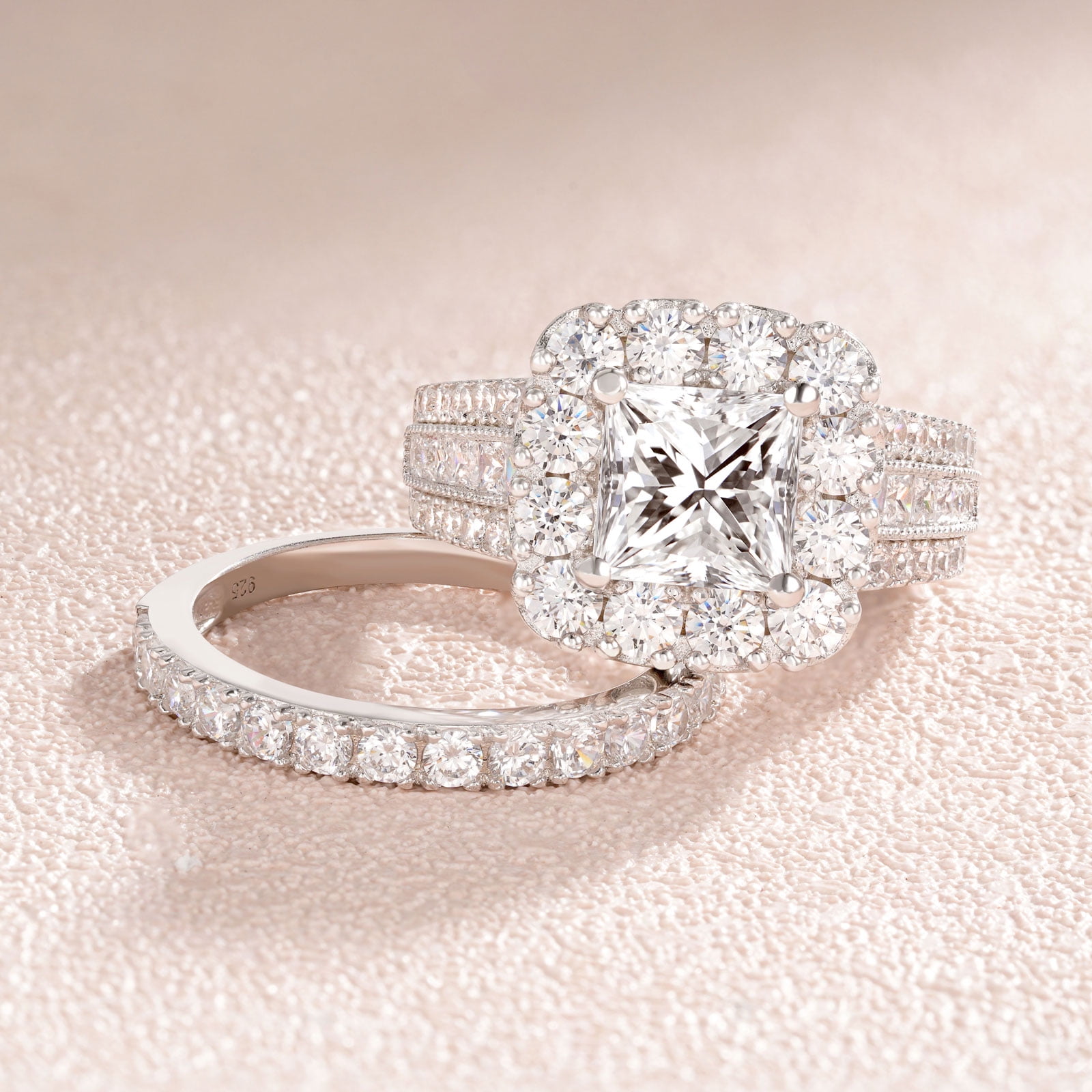 SHELOVES Vintage Style Princess Halo AAAAA CZ Wedding Engagement Ring Sets for Women 925 Sterling Silver Size 7
