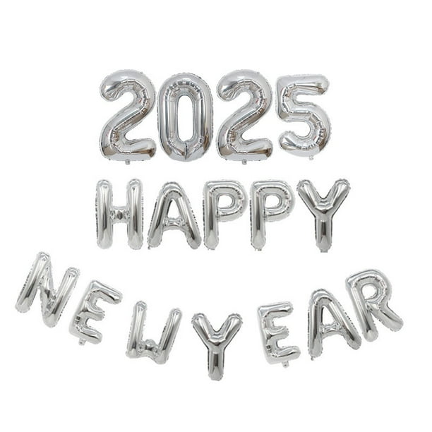 Globos 2025, globos con números, globos plateados 2025, globos grandes de papel de aluminio con texto "Happy New Year" para suministros para la fiesta de Nochevieja 2025