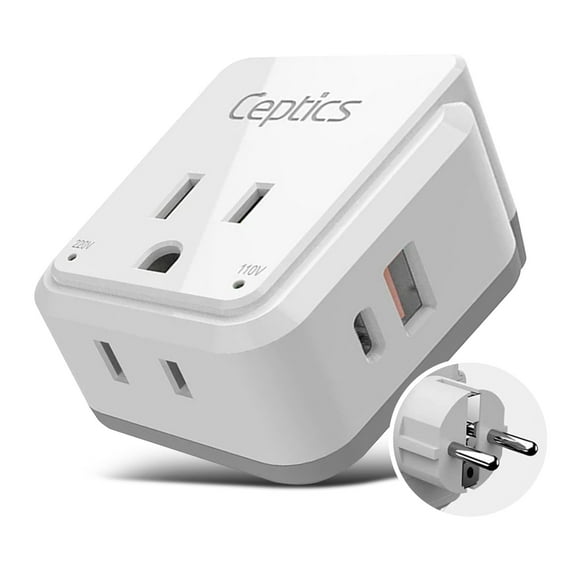 Ceptics Germany, Korea Travel Plug Adapter Set, 20W PD & QC, Safe Dual USB & USB-C - 2 USA Socket - Use in Schuko, France, Russia, Netherlands - Includes Type E/F SWadAPt Attachments