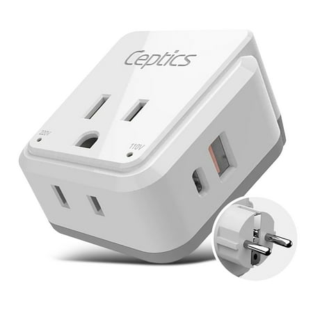 Ceptics Germany, Korea Travel Plug Adapter Set, 20W PD & QC, Safe Dual USB & USB-C - 2 USA Socket - Use in Schuko, France, Russia, Netherlands - Includes Type E/F SWadAPt Attachments