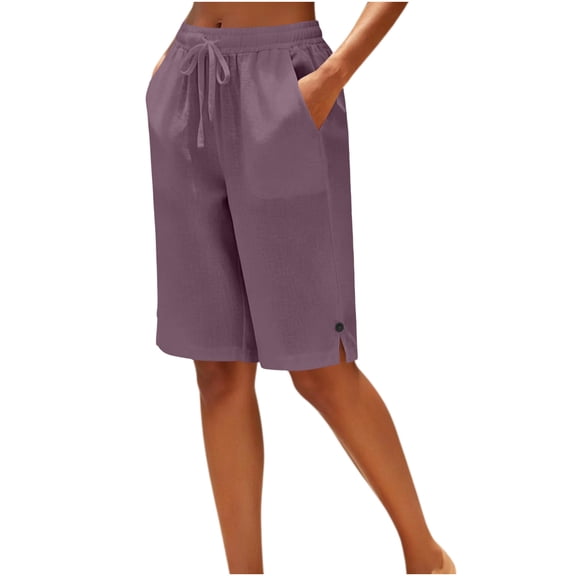 Cmfcve Bermuda Shorts for Women Knee Length Longer Shorts Summer Cotton Blend Casual Elastic Waisted Short Pants