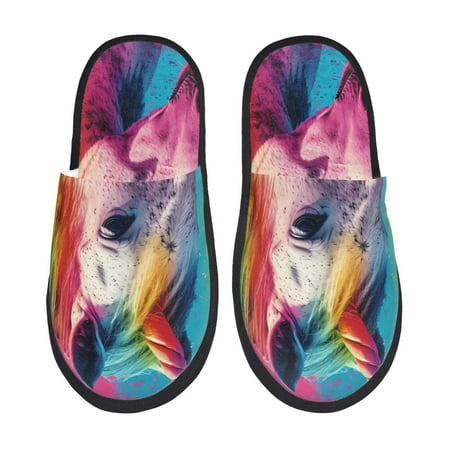 Balery Watercolor White Horse Slient Indoor Furry Fleece Comfort House Shoes Soft Non-Slip Home Shoes Cotton slippers House Slippers-- Medium