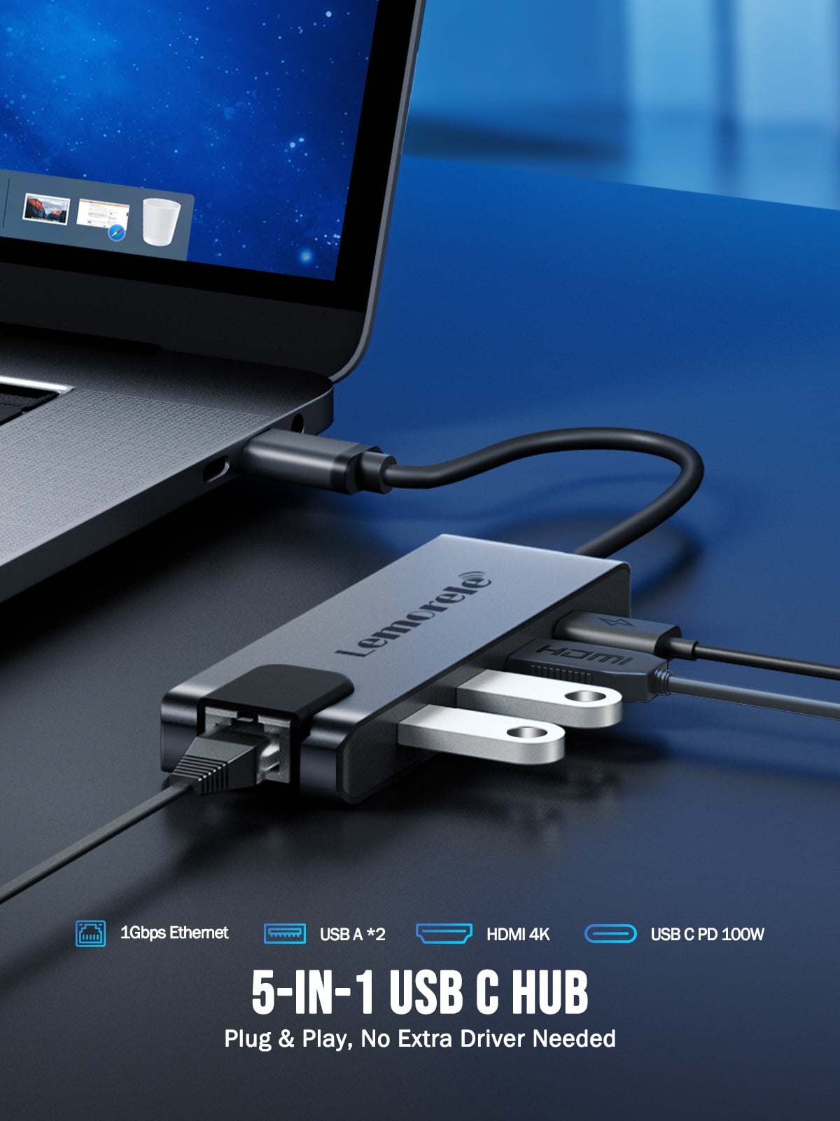 Lemorele USB C Hub Multiport Adapter, 5 in 1 Docking Station with 4k HDMI, Gigabit Ethernet, USB 3.0, 100W PD, Compatible with Macbook Pro/Air/iPad