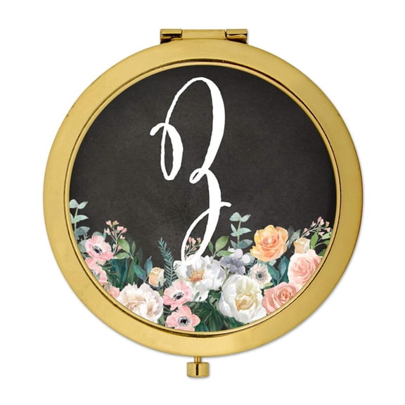 Koyal Wholesale Gold Compact Mirror Bridesmaid's Wedding Gift, Peach Flower Florals on Chalkboard, Monogram Letter Z