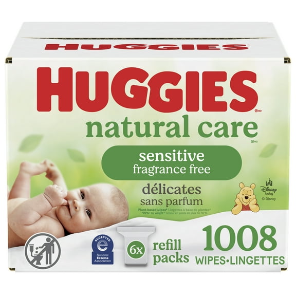 Lingettes pour bébés Huggies Natural Care pour peau sensible, NON PARFUMÉES, 6 recharges, total de 1,008 lingettes