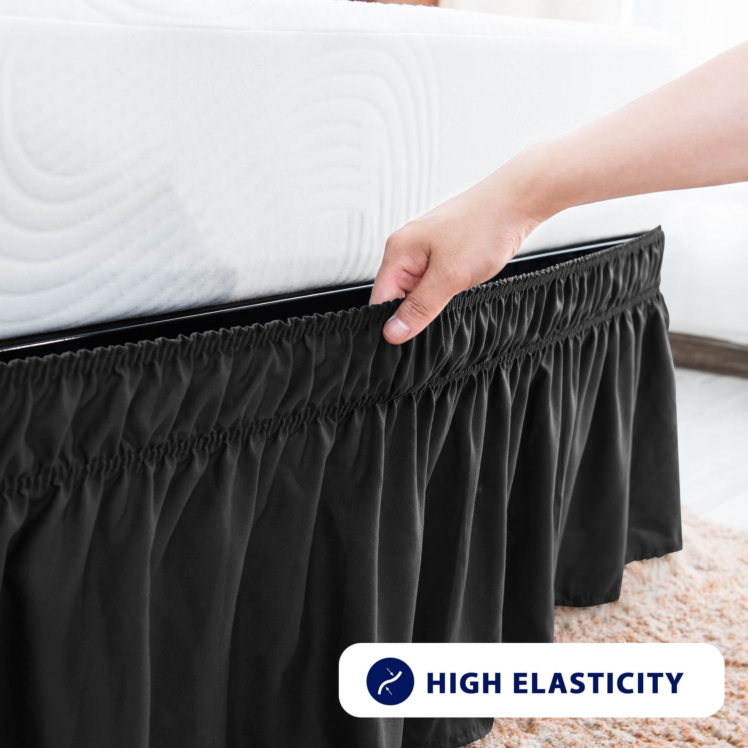 Subrtex Bed Skirt Wrap-Around Dust Ruffle Elastic 16 Inch Bed Cover, King, Black