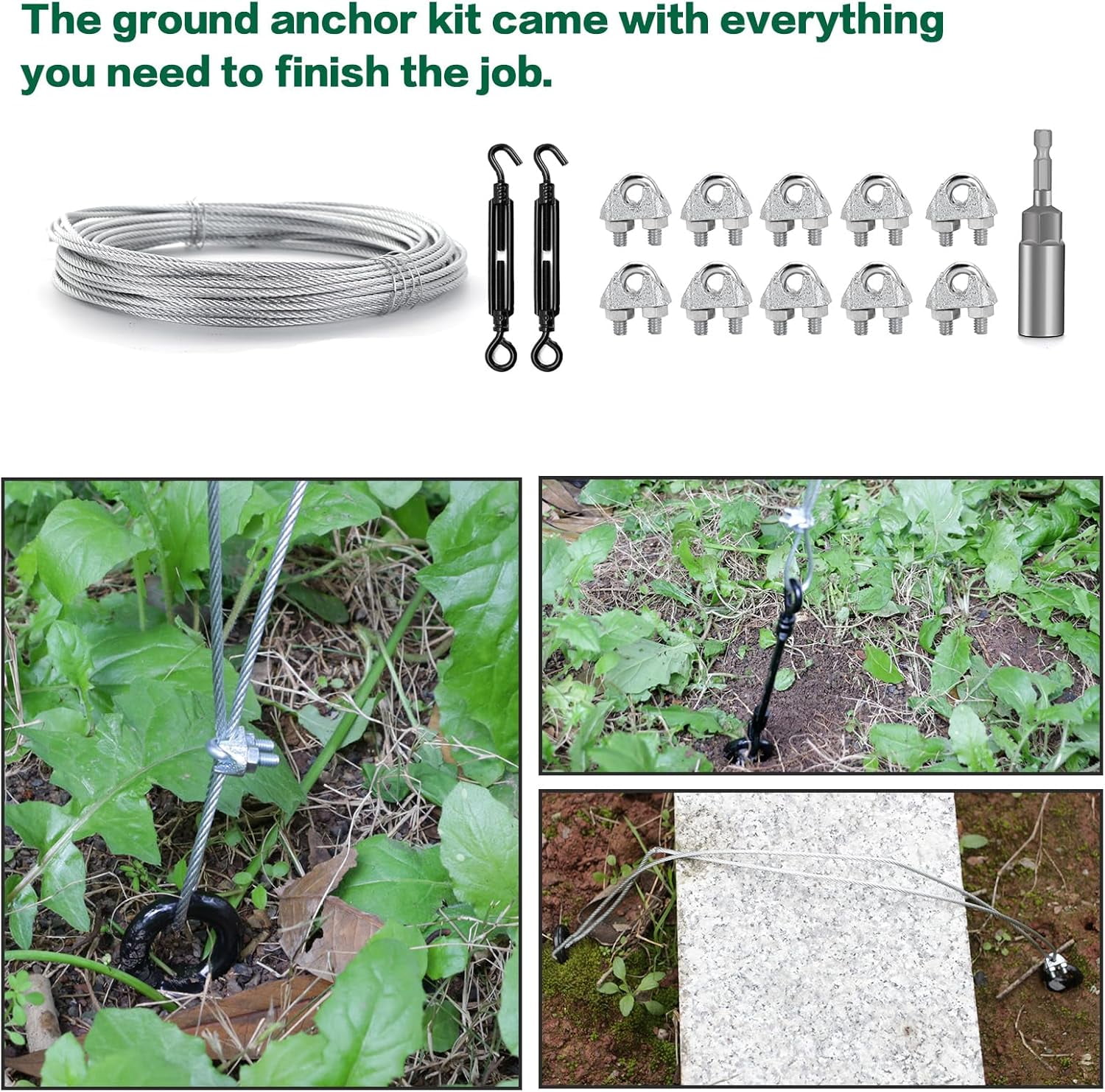 Tootaci Ground Anchors Screw in, 18 Inch Heavy Duty Trampoline Anchor Tie Down Kit with 50Ft Galvanized Wire Cable for Swing Set, Sheds, Carports 4PCS