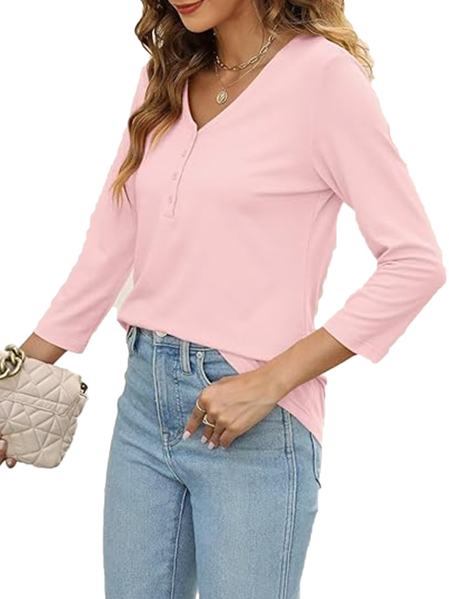VDJ Women's V-Neck Button-Up 3/4 Sleeve Top, Pink photo 6