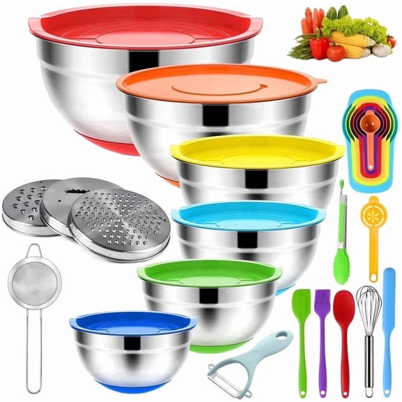 QOPR 30-Piece Stainless Steel Mixing Bowl Set with Lids, Silver, 1.5 to 7 Qt, Nesting Bowls with Graters and Measuring Spoons