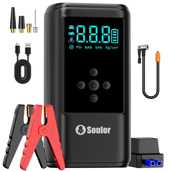Jump Starter with Air Compressor, 6000A 12V Jump Box for 10L Gas or Up to 10L Diesel Car Battery, 160PSl Digital Tire Inflator with Emergency Light, Jumper Cables