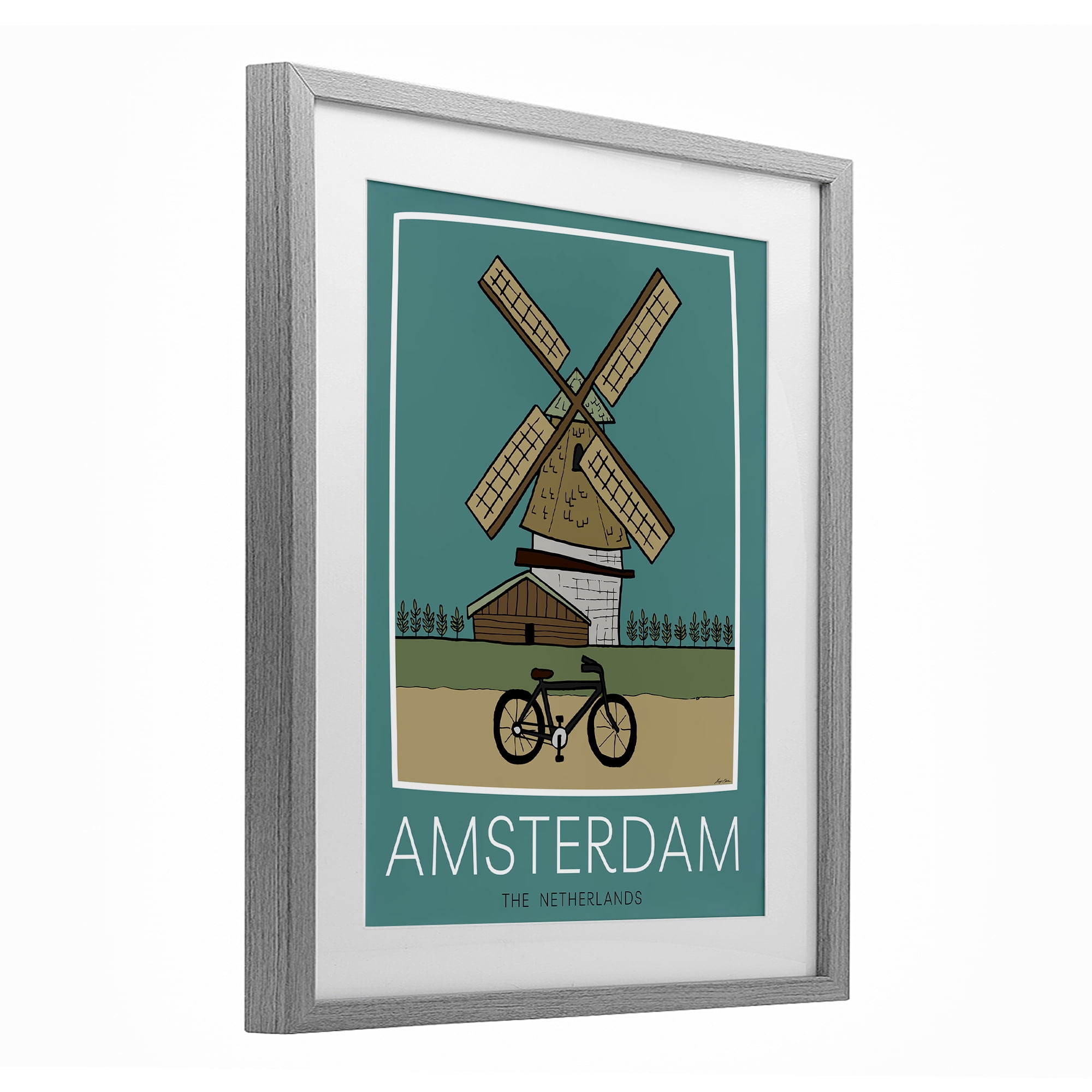 Stupell Industries Amsterdam Windmill Poster Gray Framed Print Under Glass, design by Hugo Edwins