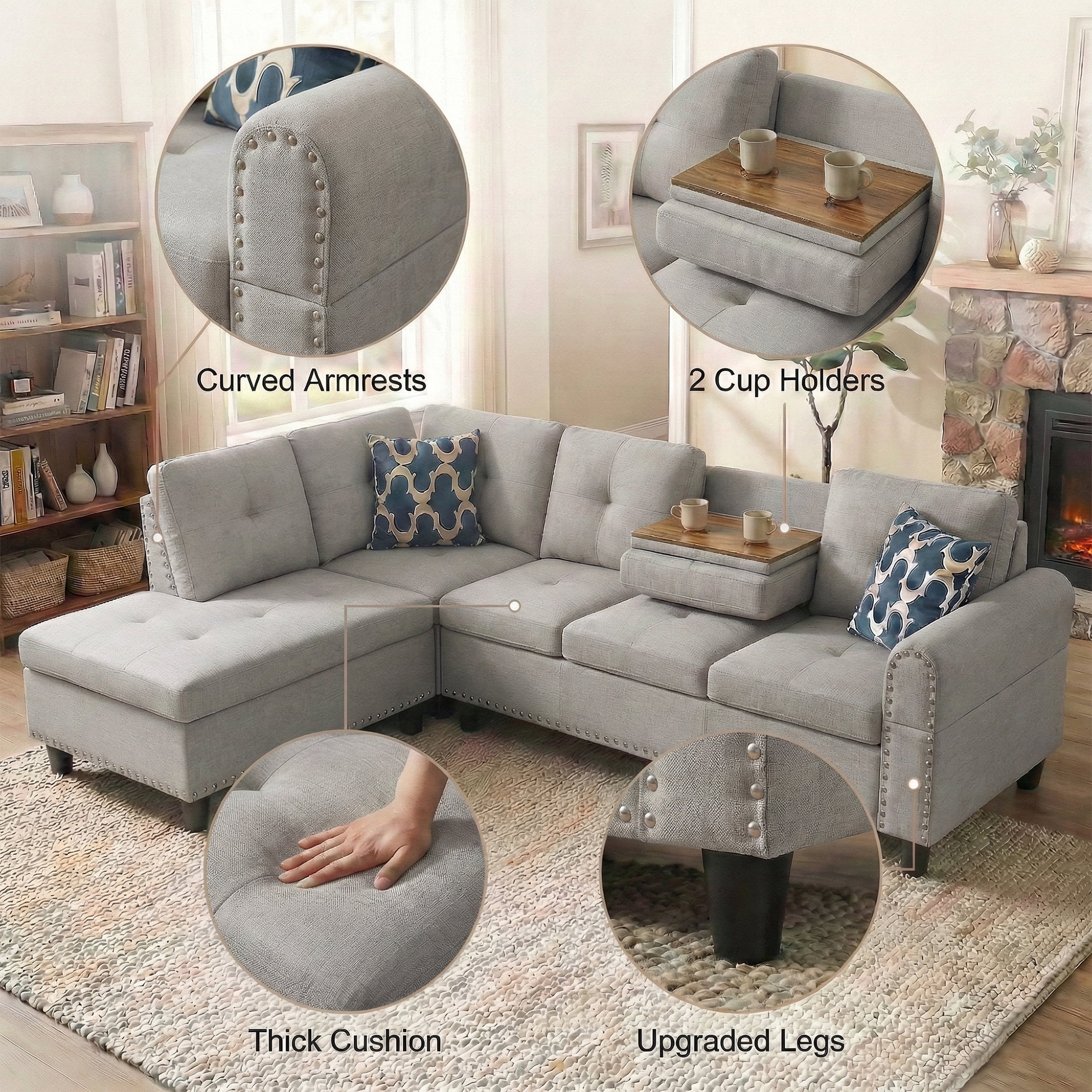 AENKYO 98" L-Shaped Upholstered Sectional Sofa Couch with Storage & Cup Holders, Faux Leather Living Room Sofa Set, Light Gray