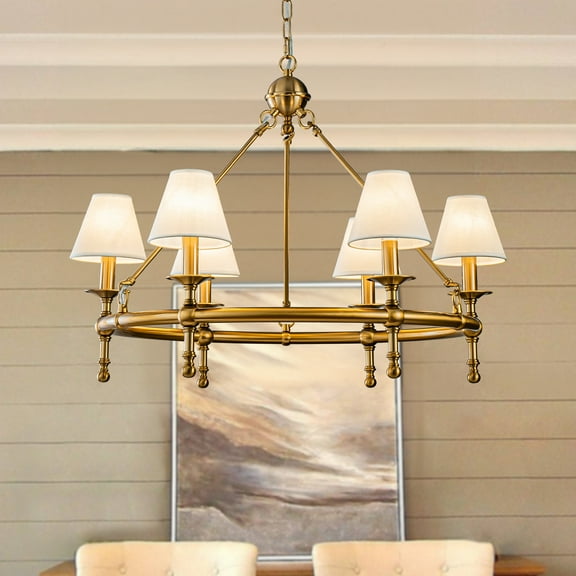 6-Light W34 in Vitage Brass Chandelier Untique Classic Lighting with White Fabric Lamp Shade for Dining Room
