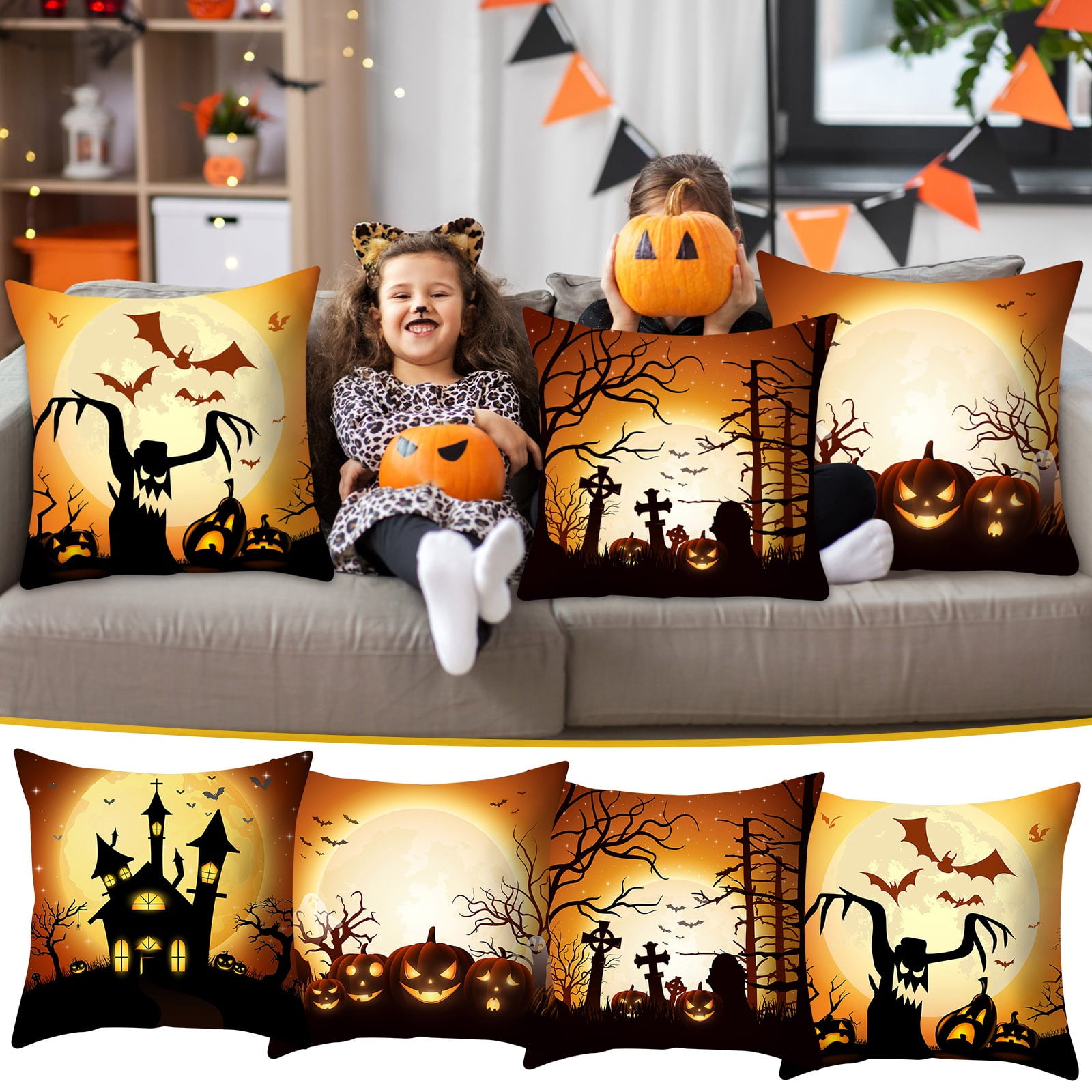 pimelu 4PC Halloween Print PillowCase Linen Sofa Cushion Cover Home Decor Cushion Cover Family Pillowcase Clearance Summer Clearance Weekly flyer Flyer Deals Walmart