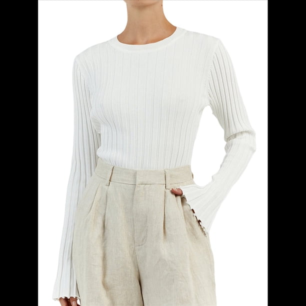 Camisa Básica de Larga para Mujer, de Punto Acanalado, Ajustada y con Cuello Redondo. S