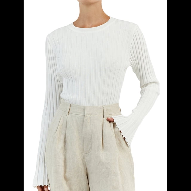 Camisa Básica de Larga para Mujer, de Punto Acanalado, Ajustada y con Cuello Redondo. L