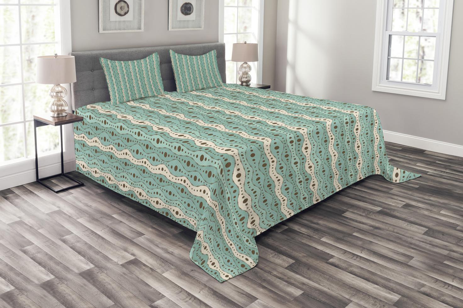 Turquoise Bedspread Set, Traditional Polka Dots Vertical Lines Abstract
