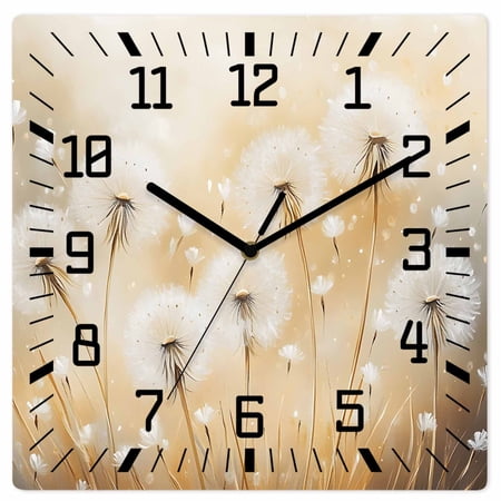 White Dandelion Wooden Wall Clock Silent Non Ticking, Spring Farmhouse Pastoral Flowers Floral Square Wall Clocks Battery Operated, Decor Clock for Home Office, Living Room, Kitchen, 10 Inch