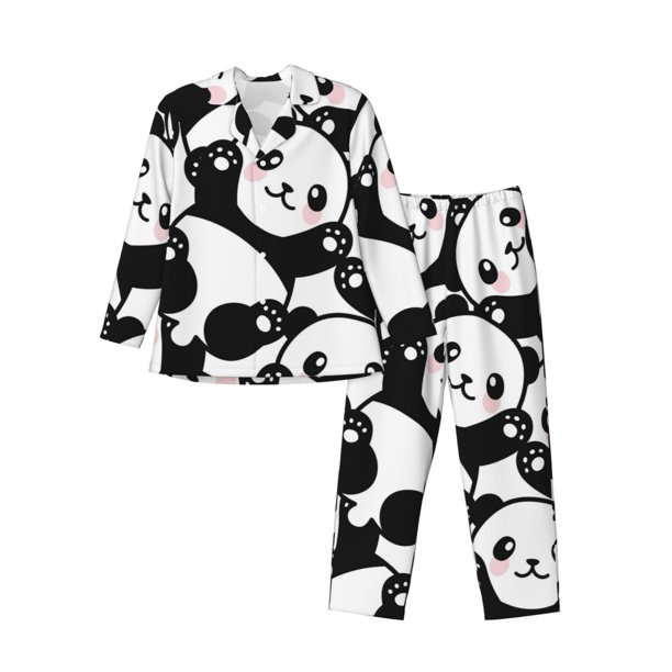 Fotbe Seamless Pattern Cute Panda Pijama de Hombre con Estampado de Manga Larga, Conjunto de 2 Piezas, Ropa de Dormir Suave y Cómoda con Bolsillos-X-Large