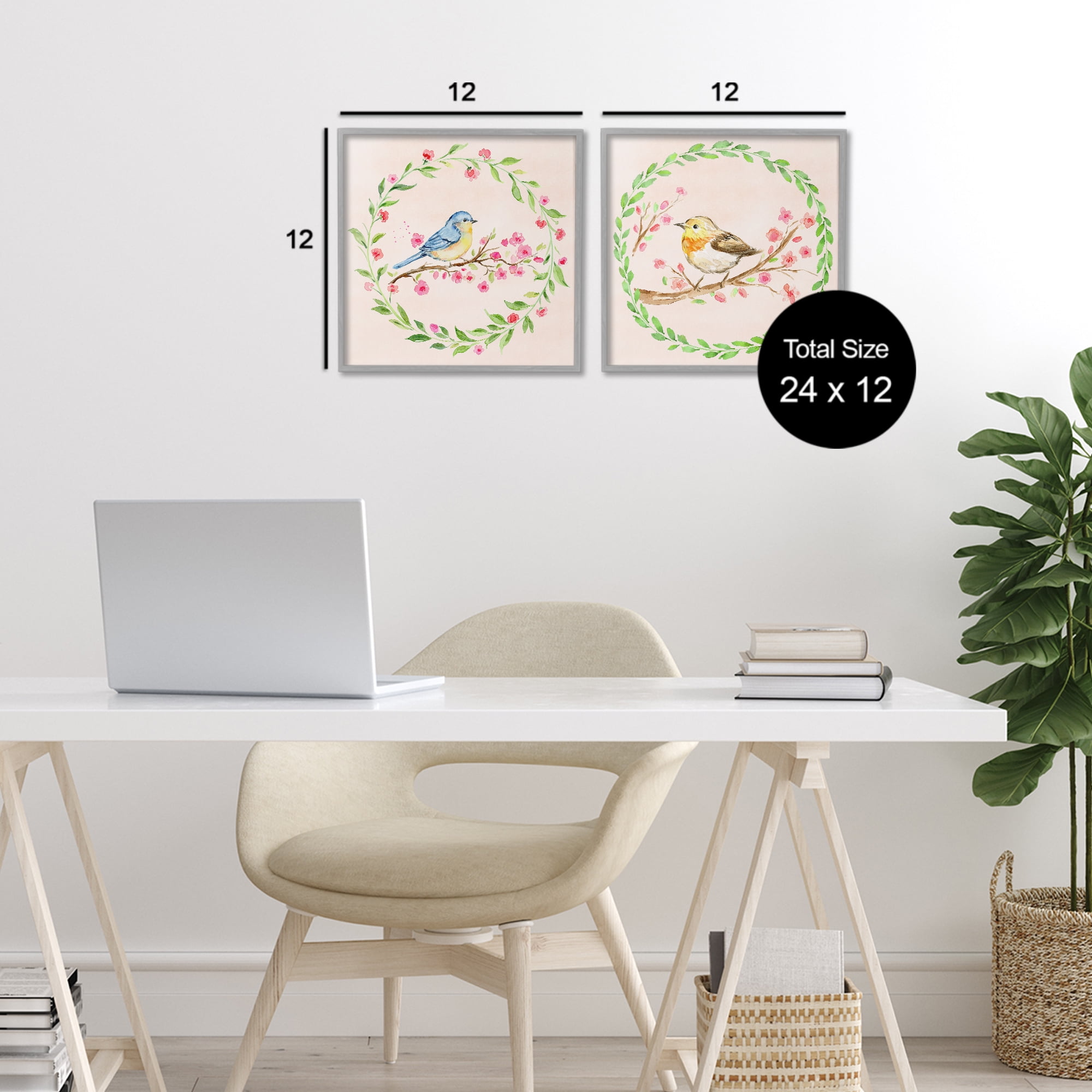 Spring Branches & Wreath Birds 2 Piece Gray Framed Giclee Art Set, design by Elena Fay