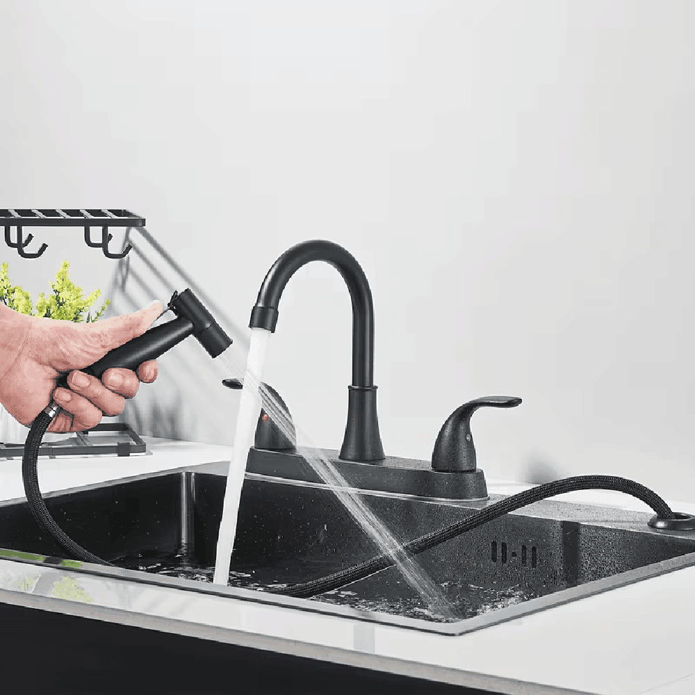 Black Kitchen Sink Faucet with Sprayer 3 Hole Stainless Steel Mixer Tap Sprayer
