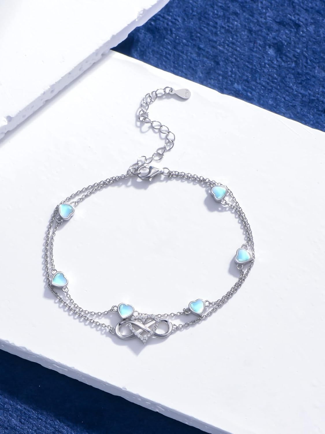 Infinity Moonstone Anklet 925 Sterling Silver Double Strand Heart Moonstone Anklet Birthday Jewelry Gift for Wife Women Mother,Chain Length 9"+2" Extend