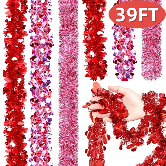 Valentines Day Heart Garland Tinsel Metallic Garland Decor Red Pink and White Heart Twist Tinsel for Mantle Wedding Party Decoration Supply 39 Ft