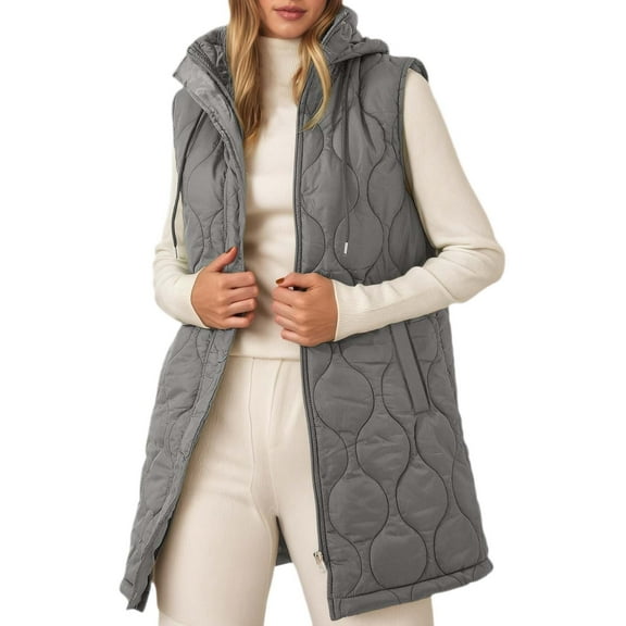 Daznico Long Sleeveless Quilted Down Vest for Lightweight Warm Winter Hooded Gilet Outerwear Coat with Pockets,Womens Vest,L