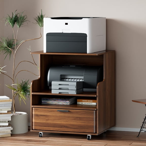 Oubayajia Printer Stand, 3 Tier Rolling Printer Cart with Wheels and Drawer, Stand for Heat Press Mini Fridge for Home Office, Walnut