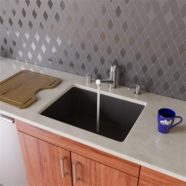 Pemberly Row Black 24" Undermount Single Bowl Granite Composite Kitchen Sink