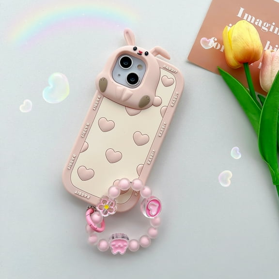 For iPhone 14 Pro Max/14 Plus/13 Pro/13 Phone case，Shockproof Cute 3D Pink Love Lens Rabbit Soft TPU Case Cover With Bracelet