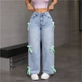 thumbnail image 3 of Pantalones de mezclilla de pierna recta con lazo lindo for mujer, pantalones vaqueros casuales holgados de talle alto, pantalones de moda Y2K con bolsillos, 3 of 4